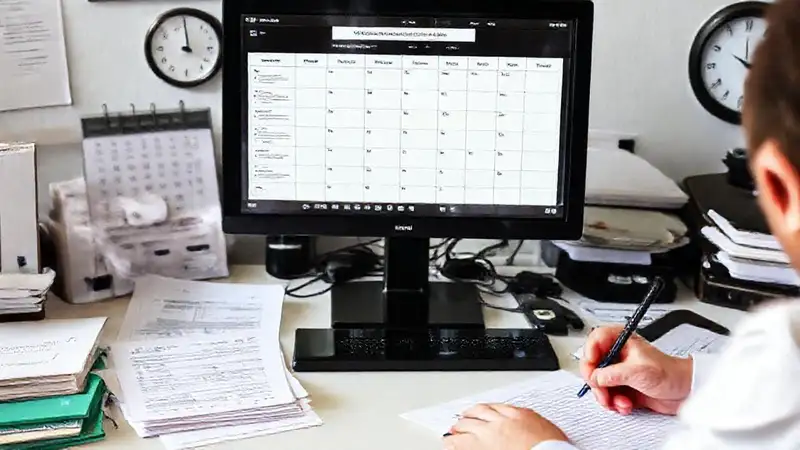 Mesa de oficina con formularios y computadora