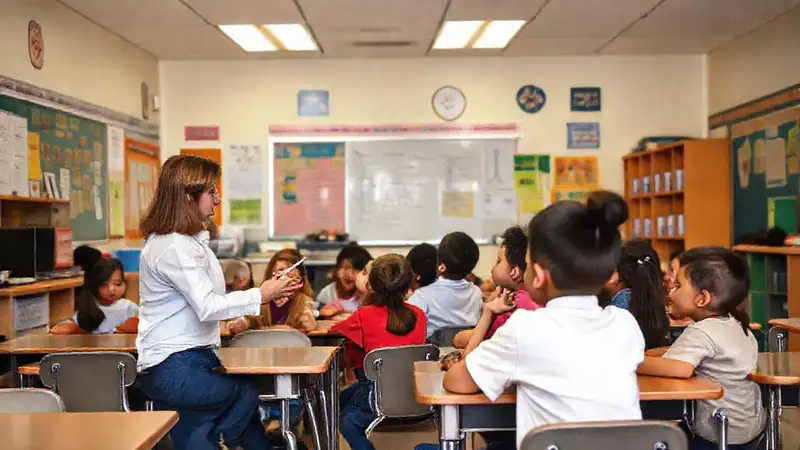 Aula moderna con estudiantes atentos y disciplinados