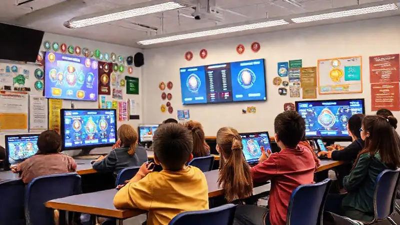 Aula gamificada con estudiantes y premios digitales