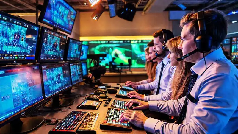 Equipo de periodistas usando tecnología moderna