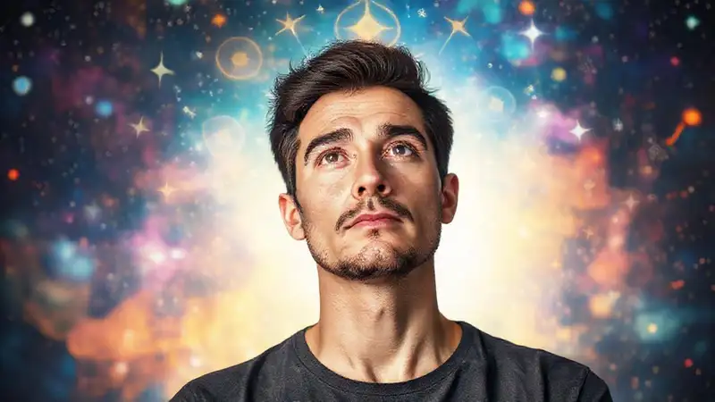 Persona reflexiva con luz y símbolos celestiales
