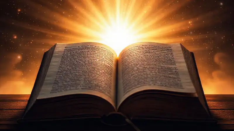 Libro antiguo iluminado con conocimiento celestial