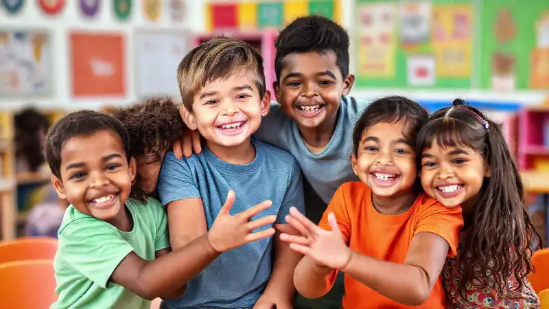 Niños sonrientes colaboran en aula diversa