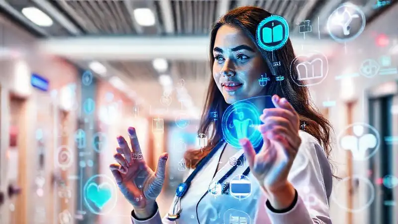 Mujer joven usanda tecnología médica futurista