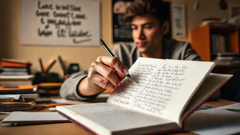 Estudiante escribe en cuaderno en ambiente inspirador
