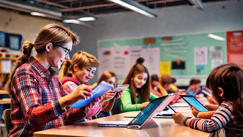 Aula moderna con estudiantes y tecnología digital