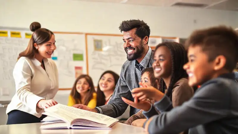 Profesor motiva en aula moderna y diversa