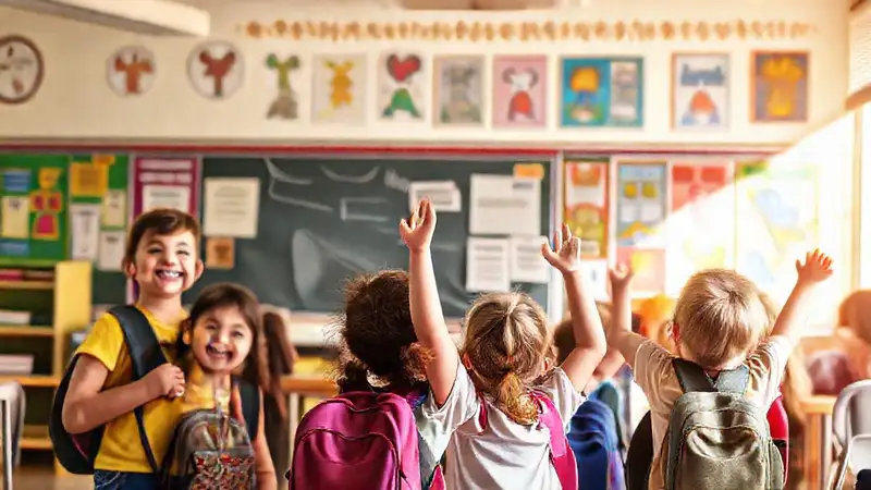 Niños felices en clase con maestra motivadora