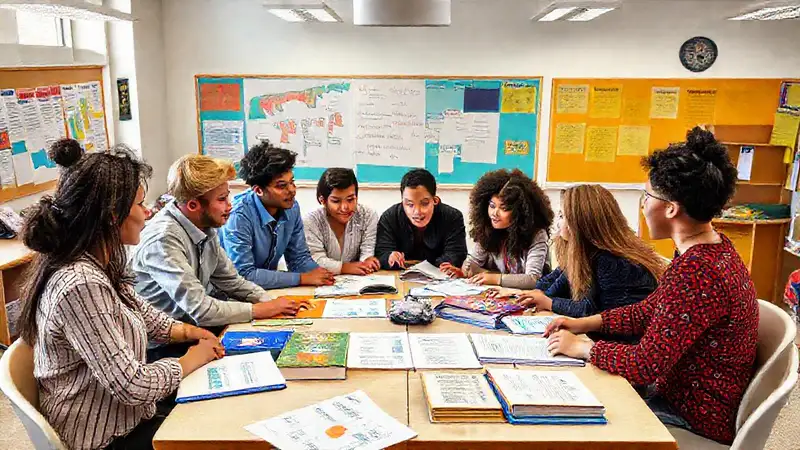 Estudiantes colaboran en discusión política en equipo