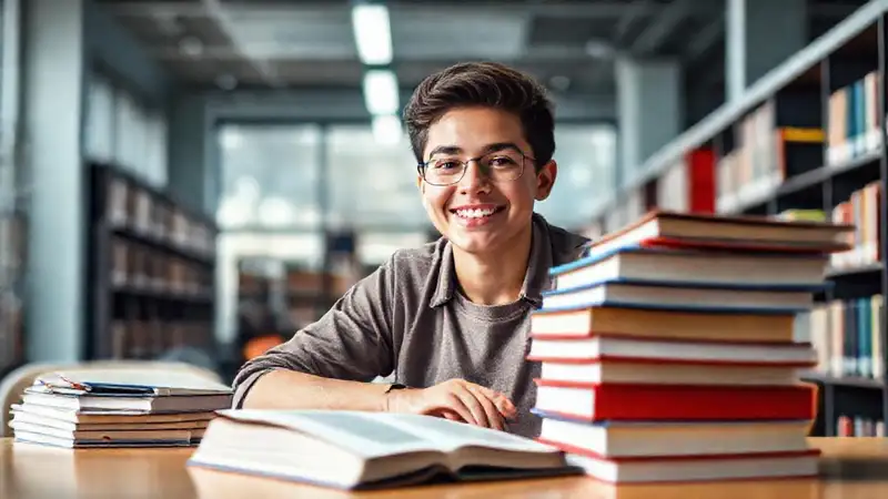 Estudiante motivado en biblioteca moderna