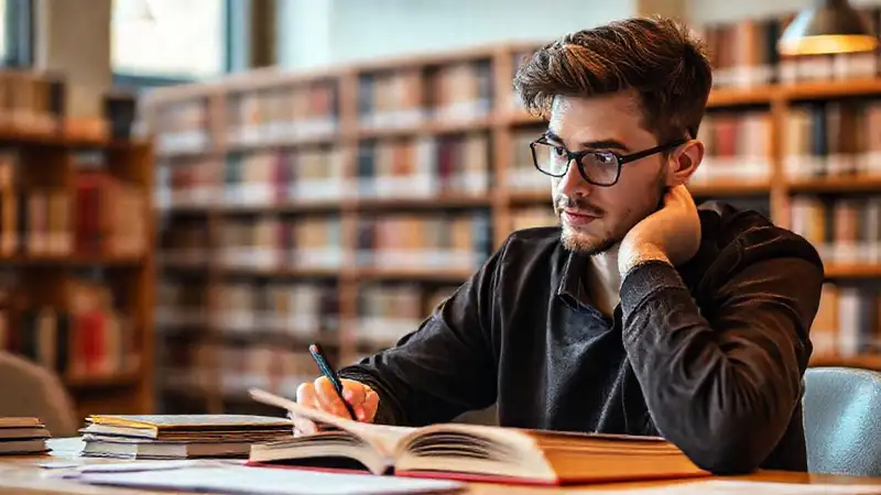 Estudiante estudia teología en biblioteca moderna
