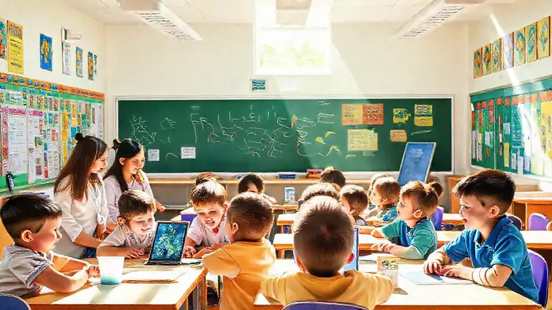 Aula diversa con niños y tecnología moderna