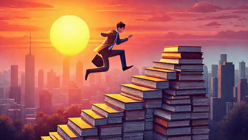 Trabajador supera obstáculos en escalera de libros