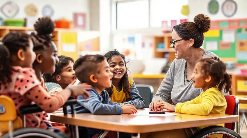 Aula inclusiva con estudiantes diversos y apoyo