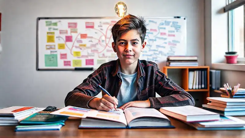 Estudiante estudia con mapas y fichas
