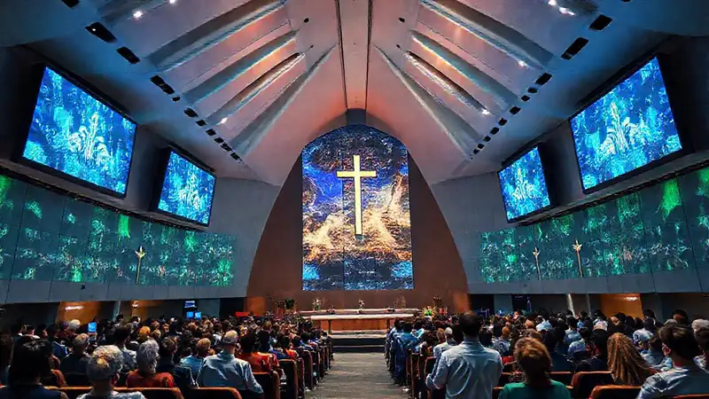 Iglesia moderna con tecnología y símbolos tradicionales
