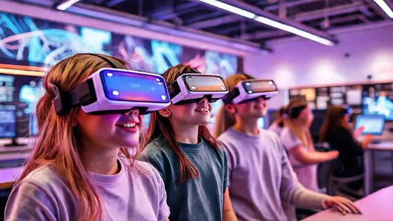 Estudiantes en aula futurista con tecnología avanzada