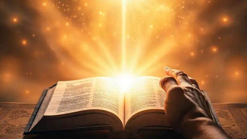 Biblia abierta, oración y luz espiritual serena