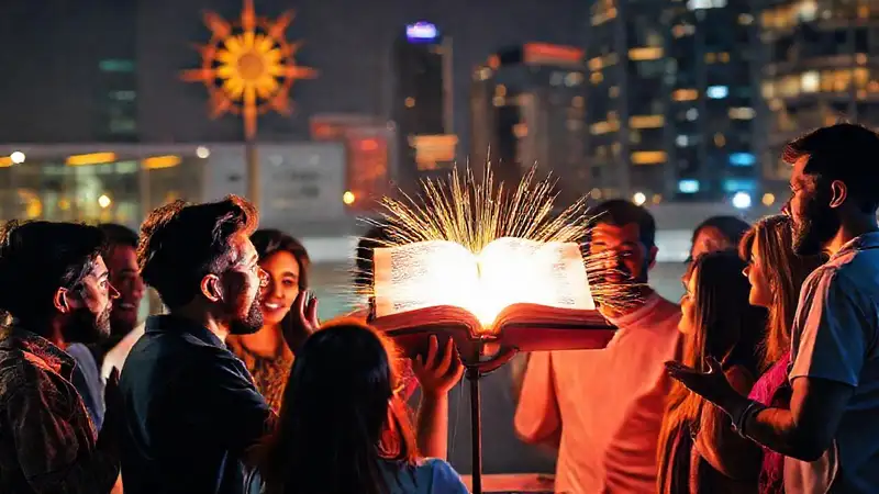 Comunidad diversa con símbolos, Biblia y esperanza