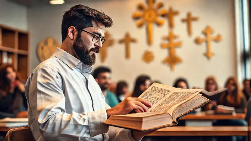 Estudiante teológico estudia manuscritos en aula moderna