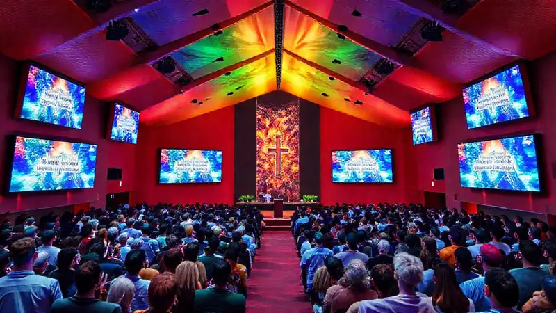 Interior moderno de iglesia con congregación diversa