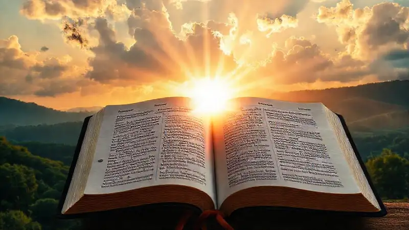 Biblia abierta con Mateo 28:19-20 luminosa