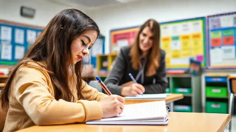 Estudiante examen bajo supervisión en aula colorida