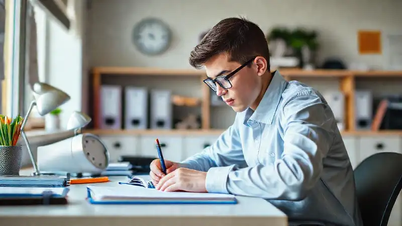 Estudiante concentrado en un escritorio ordenado