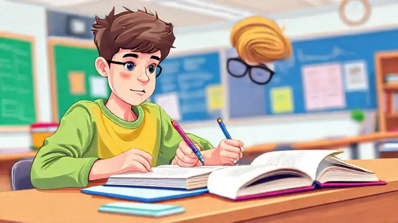 Estudiante estudiando con notebooks en aula vibrante