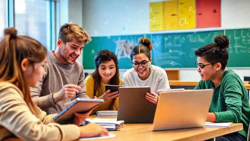 Estudiantes colaborando en matemáticas en aula moderna