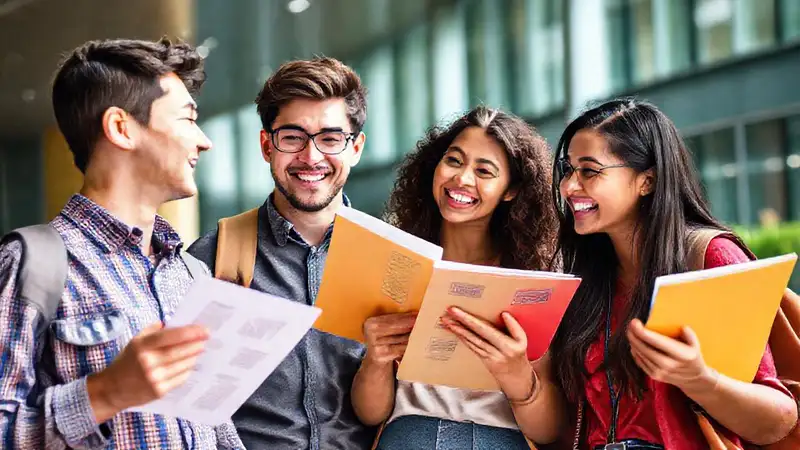 Estudiantes universitarios colaborando en campus moderno