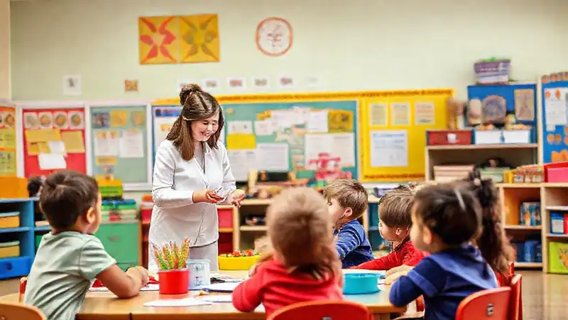 Maestro guía a niños en aula colorida y diversa