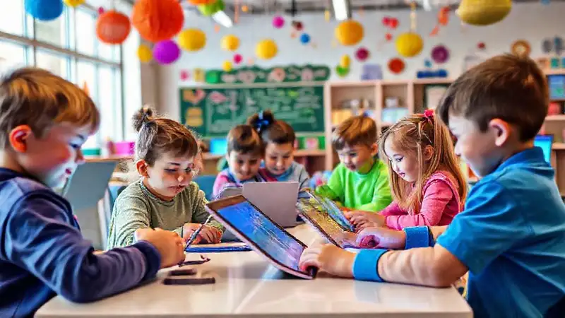 Niños en aula moderna y digital interactiva