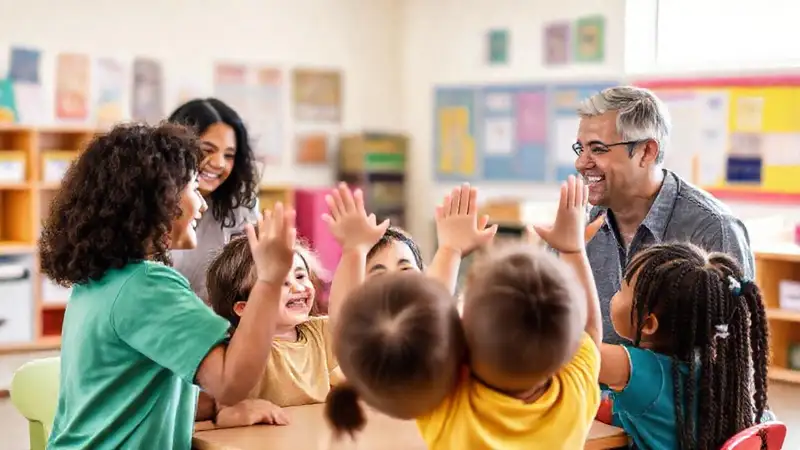 Familias y niños en aula alegre y participativa