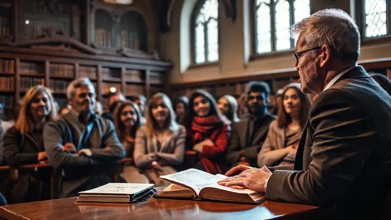 Profesor enseña con estudiantes en iglesia