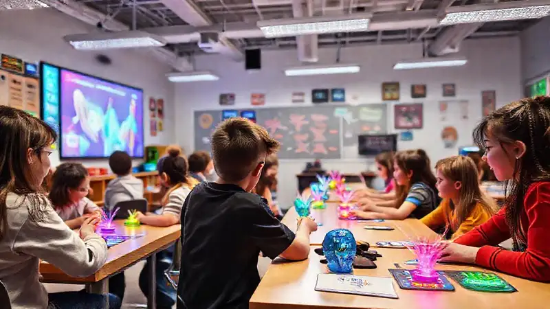 Aula colorida con estudiantes participando activamente