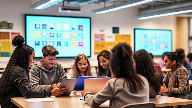 Jóvenes usando tecnología en aula inclusiva
