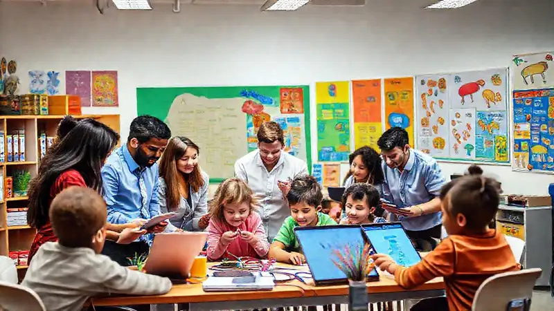 Maestros creativos, niños entusiastas en aula moderna