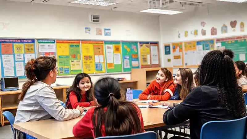 Aula con profesor, estudiantes y ambiente colaborativo