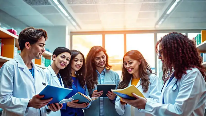 Profesionales colaborando en laboratorio moderno y colorido