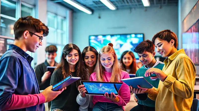 Estudiantes usan tecnología moderna en aula vibrante