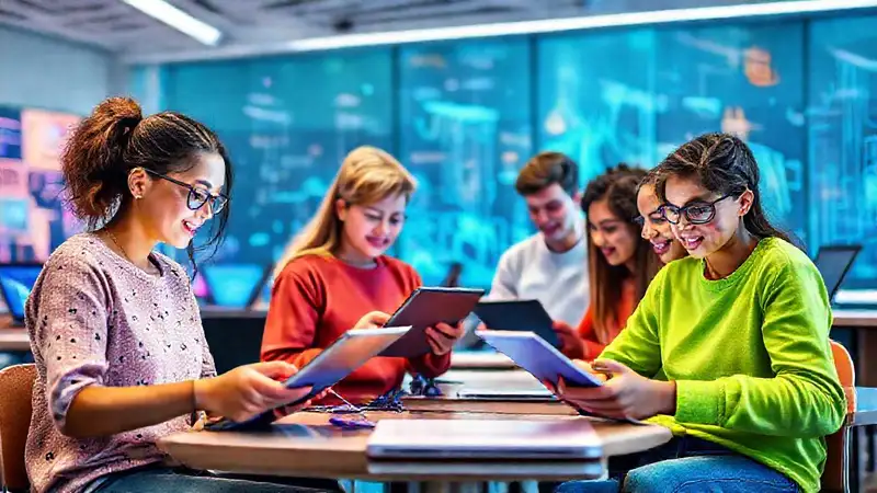 Estudiantes en aula moderna con tecnología digital