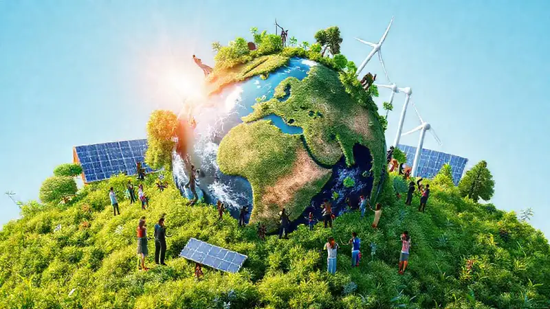 Mundo sostenible con naturaleza y energías renovables