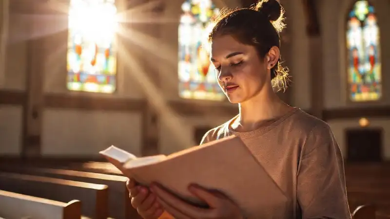 Persona orando en iglesia tranquila y luminosa