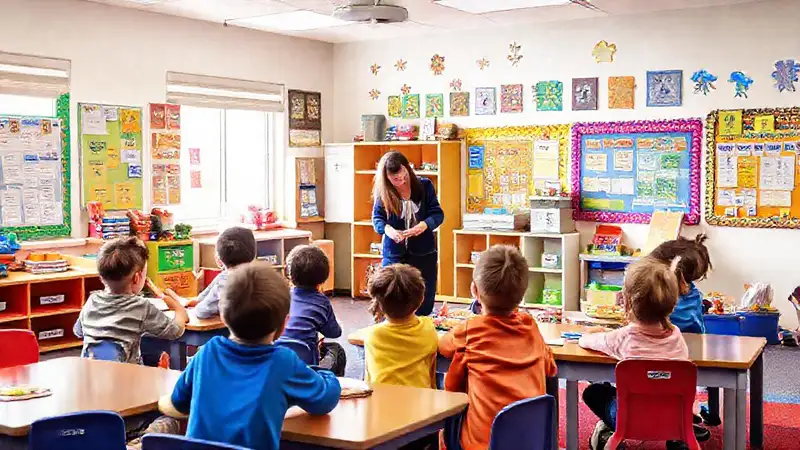 Aula infantil vibrante con niños y recursos