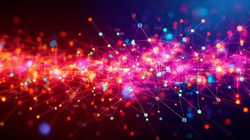 Red digital moderna con nodos y símbolos lingüísticos