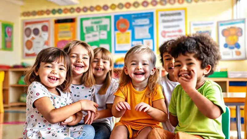Niños sonrientes en aula emotiva y colorida