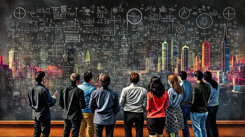 Grupo colaborando en ciencia en ciudad futurista