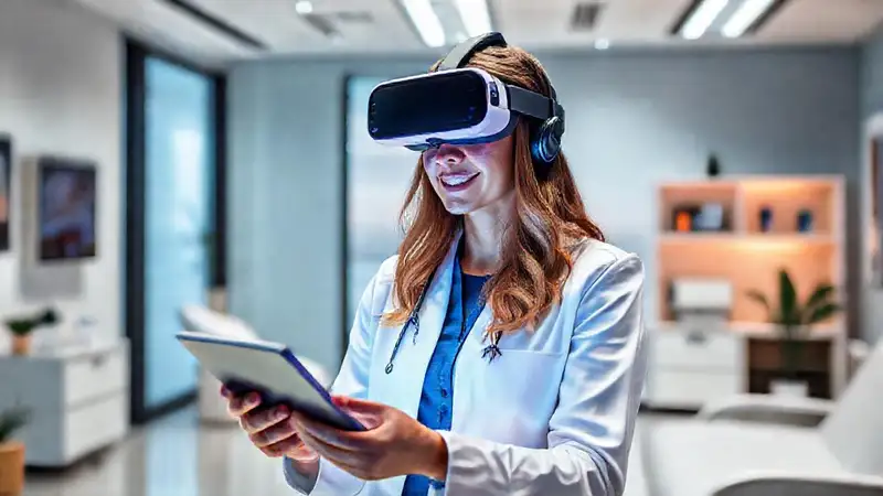 Psicólogo con VR en clínica moderna y futurista
