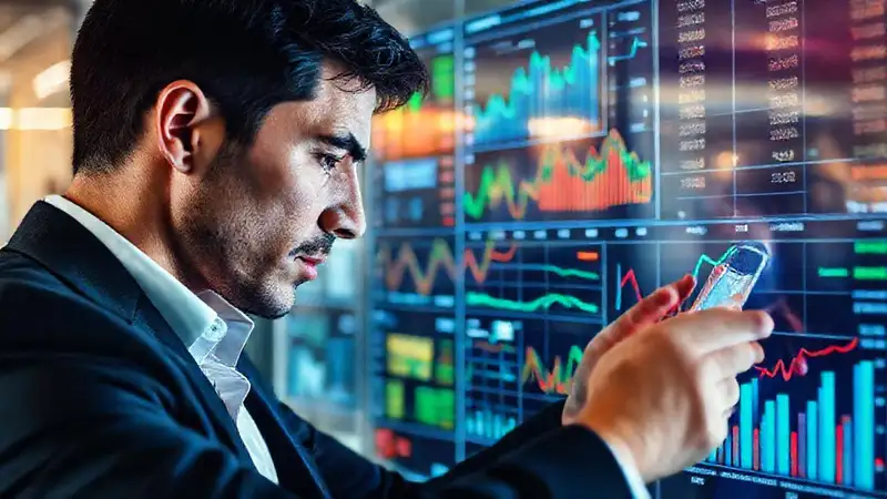 Persona analizando finanzas en oficina moderna